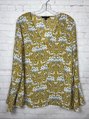 Banana Republic Mustard Yellow and White Floral Bell Sleeve V Neck Blouse